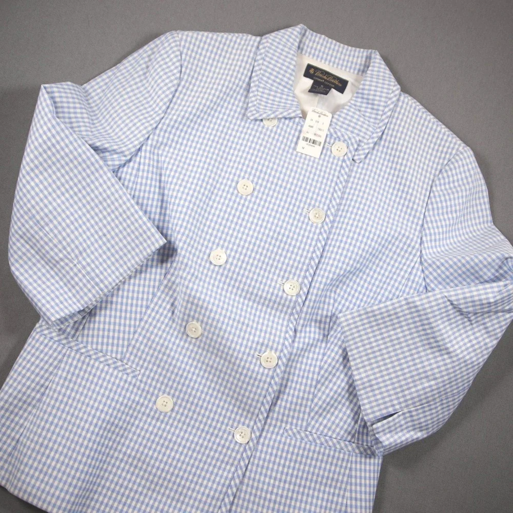 NEW Brooks Brothers Gingham Double Breasted 3/4 Sleeve Women Jacket 12 Office